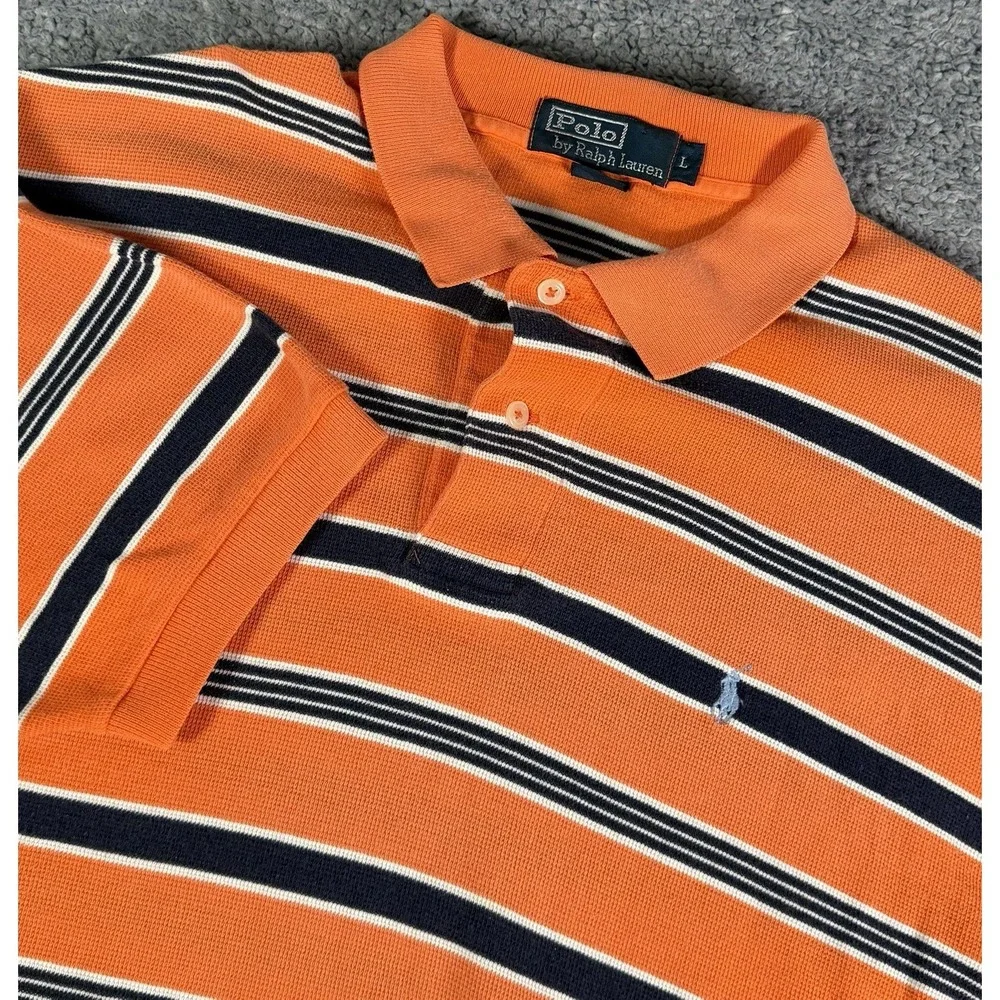 Polo Ralph Lauren Shirt Mens Large Orange Striped Short Sleeve Polo Prep Y2K VTG
